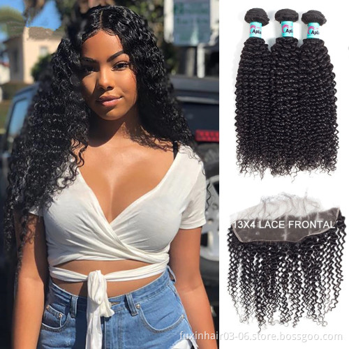 Kinky Curly Bundles With Frontal 13x4 Ear to Ear Lace Peruvian Remy Hair Weave Bundles With Closure 150% Density Natural Color